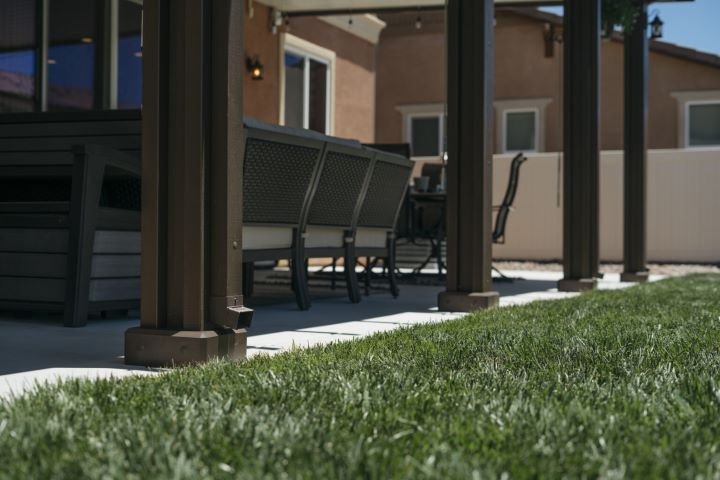 Patio Cover posts with AlumaBase post bases perfectly installed to cover bolts and screws