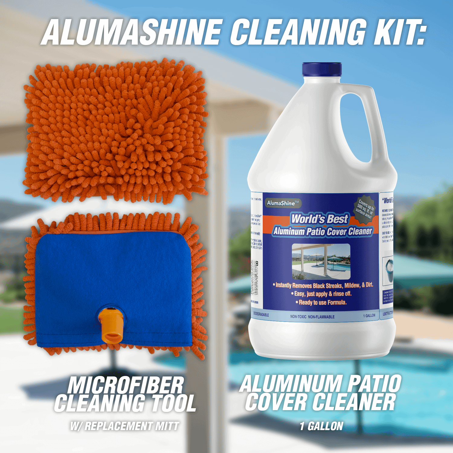 Alumshine cleaning kit, featuring a microfiber cleaning tool and aluminum patio cover cleaner