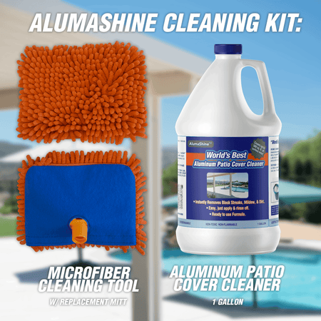 Alumshine cleaning kit, featuring a microfiber cleaning tool and aluminum patio cover cleaner