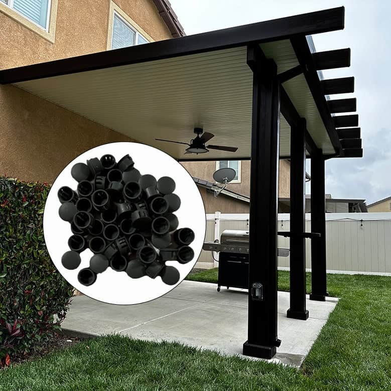 Black patio cover hole plugs used to cover up ugly holes on an aluminum patio cover that are part of installation