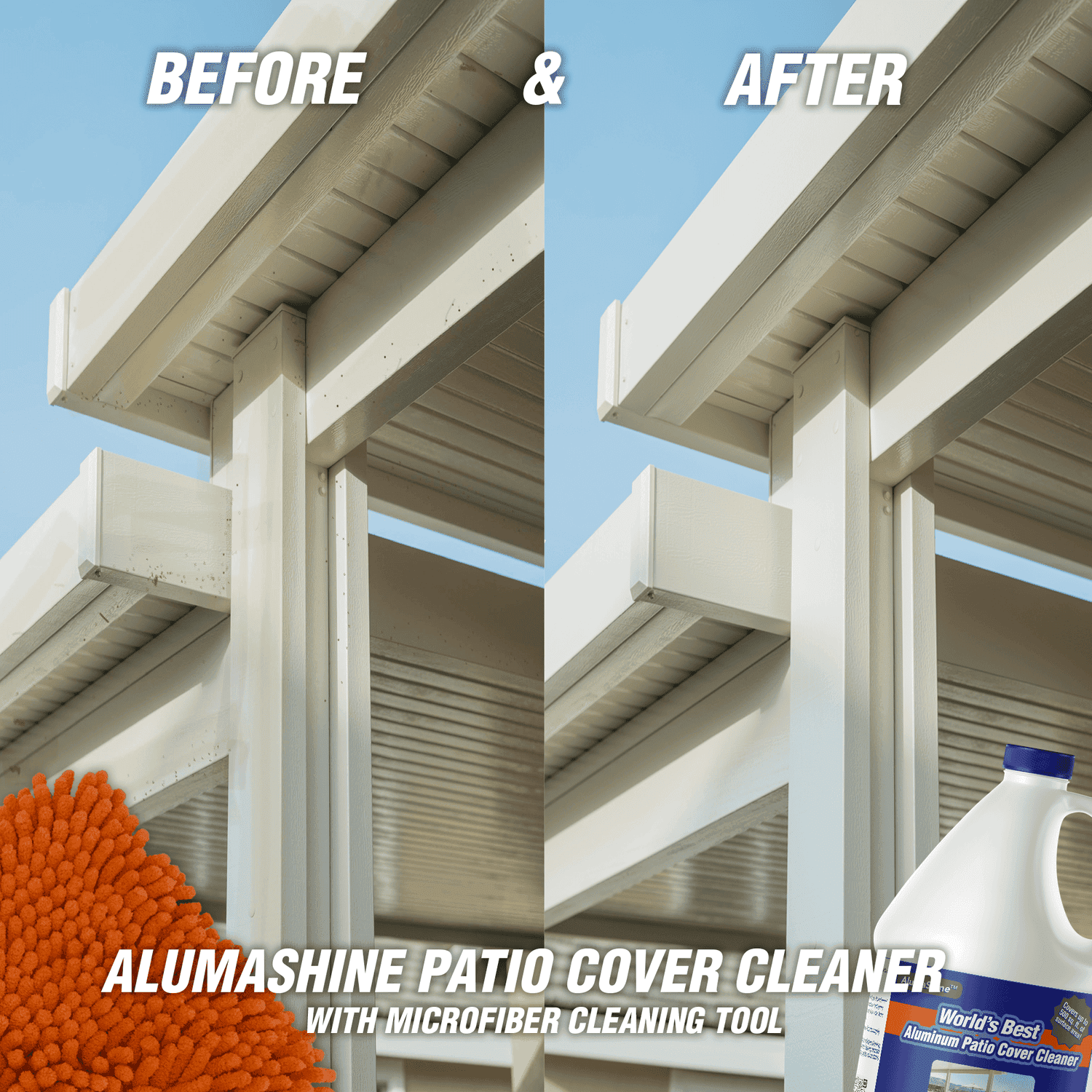 Alumashine with microfiber cleaning tool before and after photos of aluminum patio cover