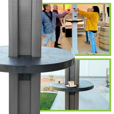 Collage of photos featuring the use cases of an espresso brown Alumatable, including for social gatherings or a calm morning coffee