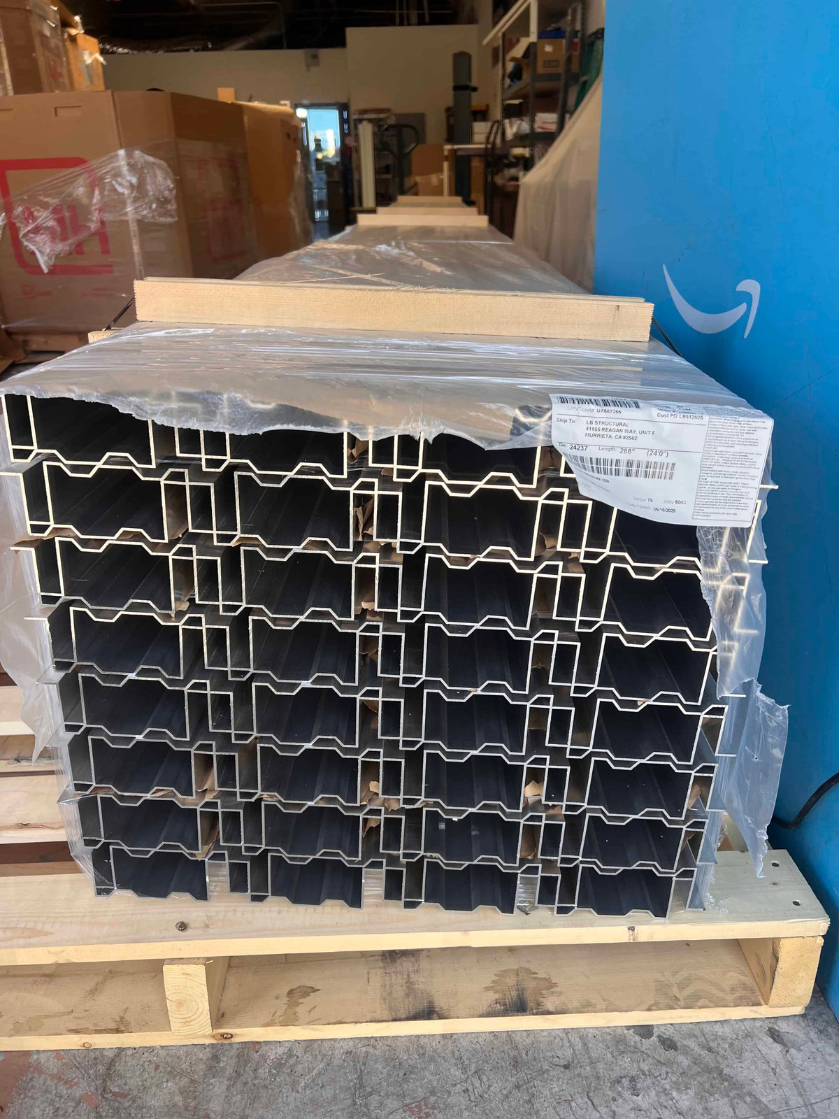 Pallet full of Megabeams ready to be shipped to a patio cover contractor