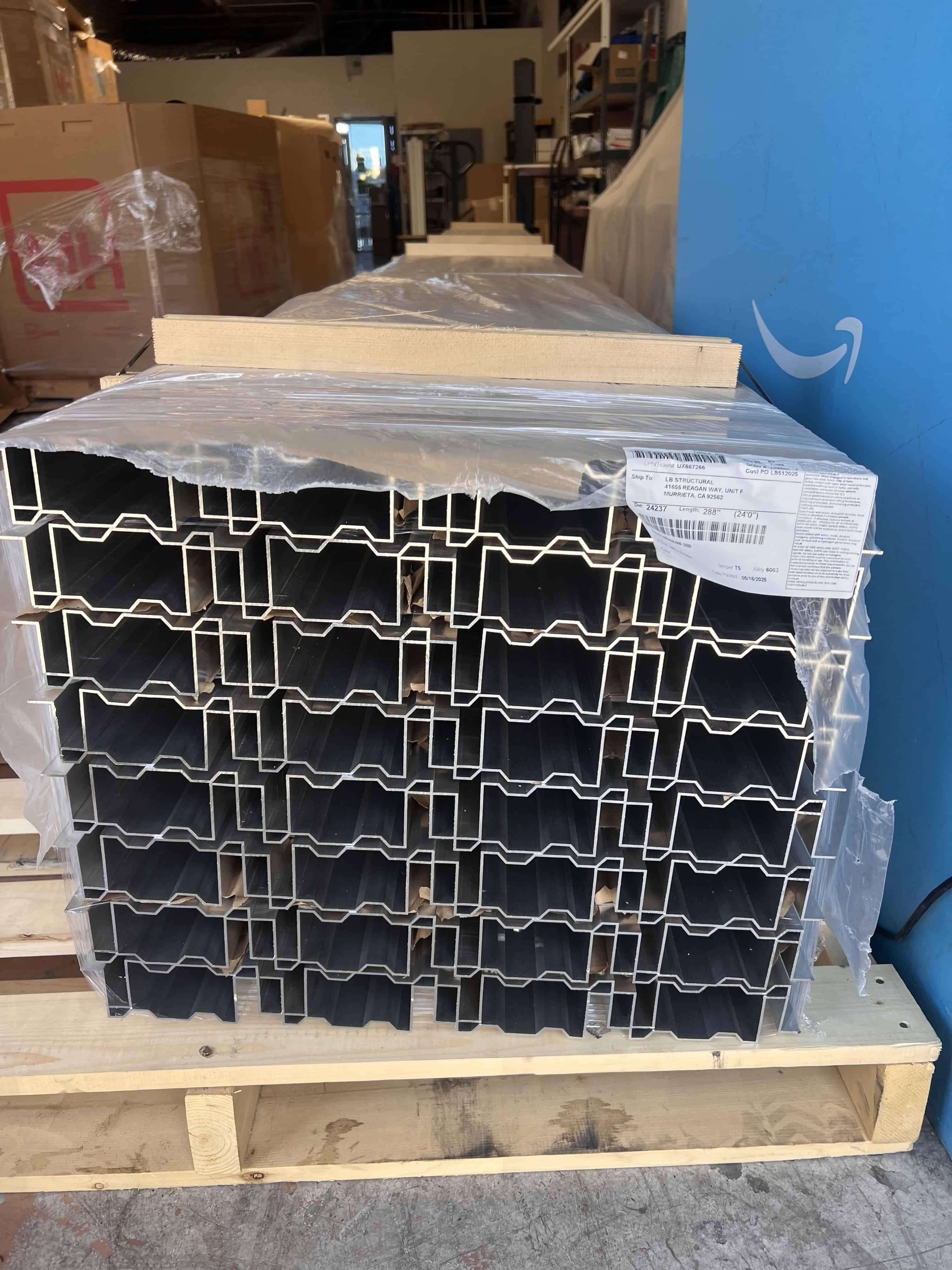 Pallet full of Megabeams ready to be shipped to a patio cover contractor