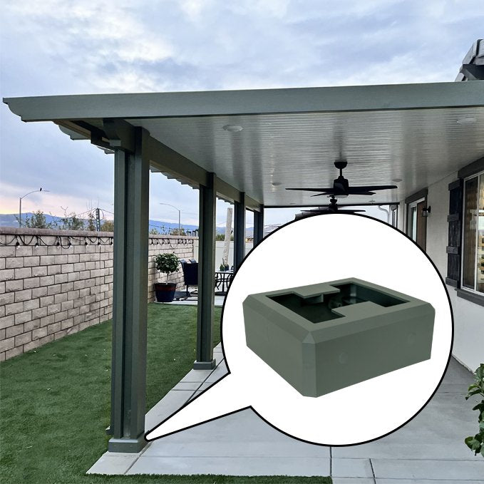 Slate color alumabase patio post base cover installed featuring a close up photo of the model