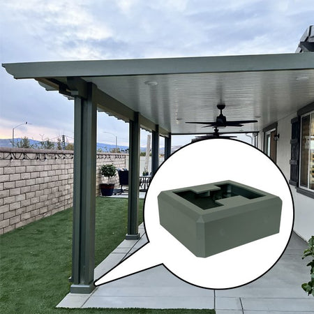 Slate color alumabase patio post base cover installed featuring a close up photo of the model