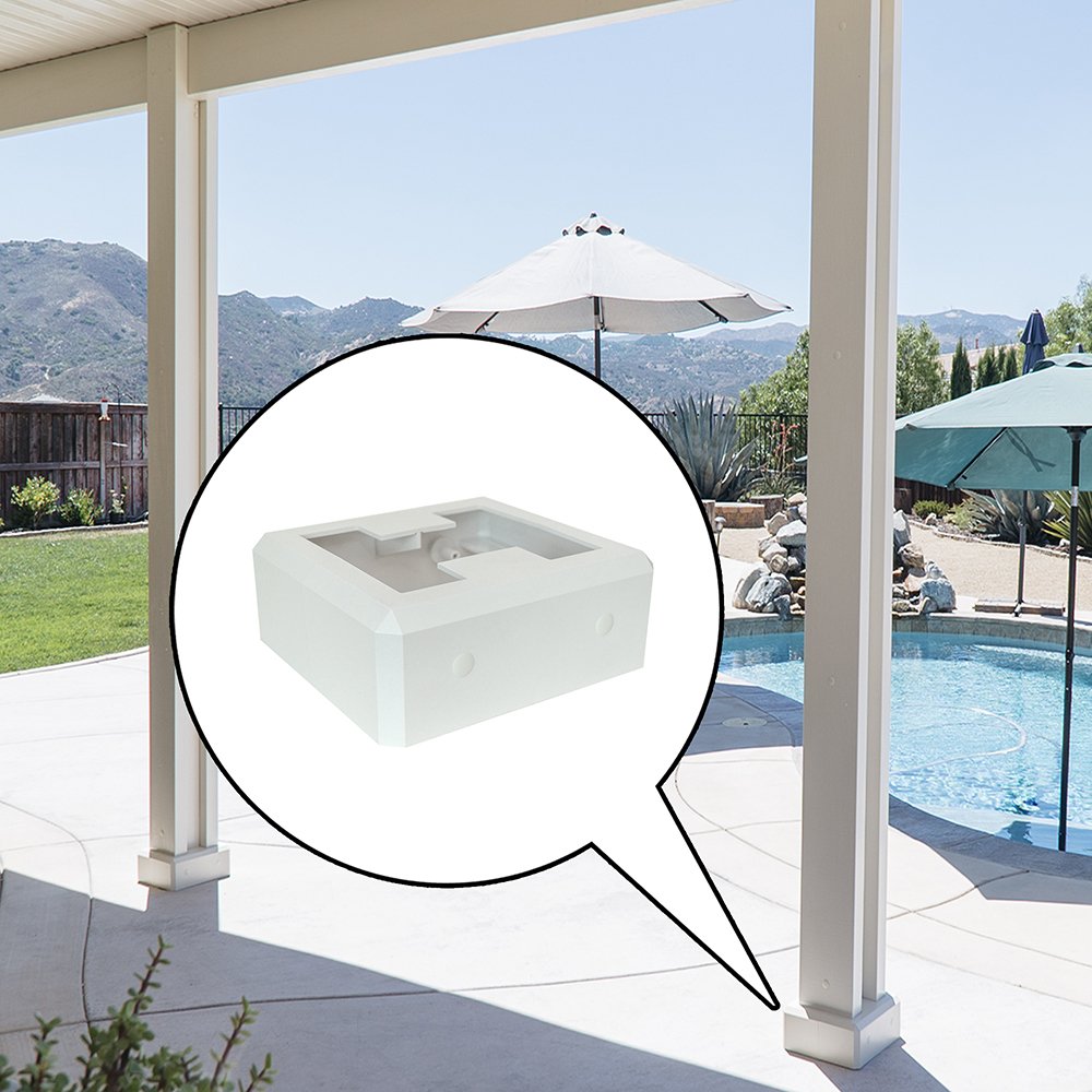 White Alumabase installed on a white alumawood patio cover with close up photo of model