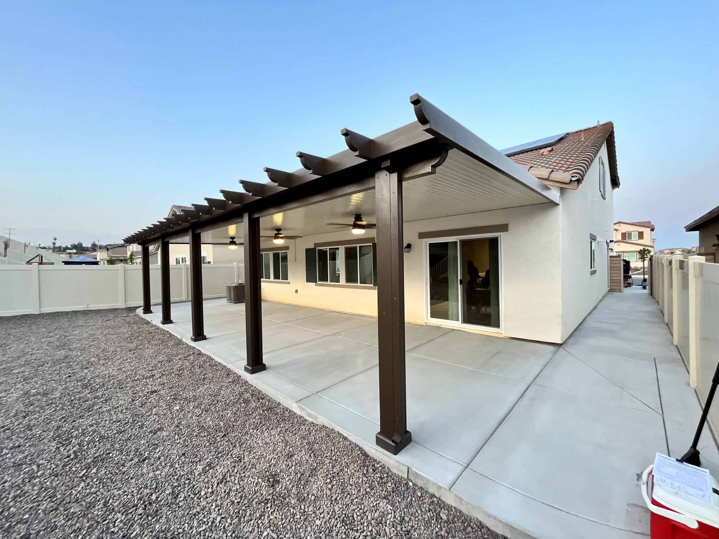 White and brown patio cover with 5 columns