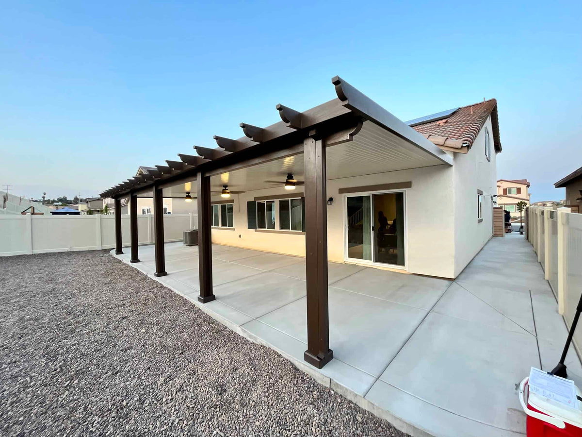 White and brown patio cover with 5 columns