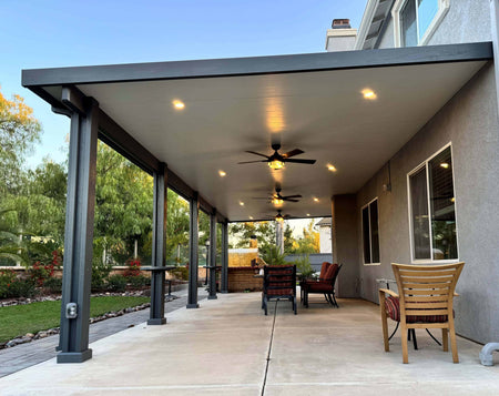New aluminum patio cover with overhead lighting and ceiling fans